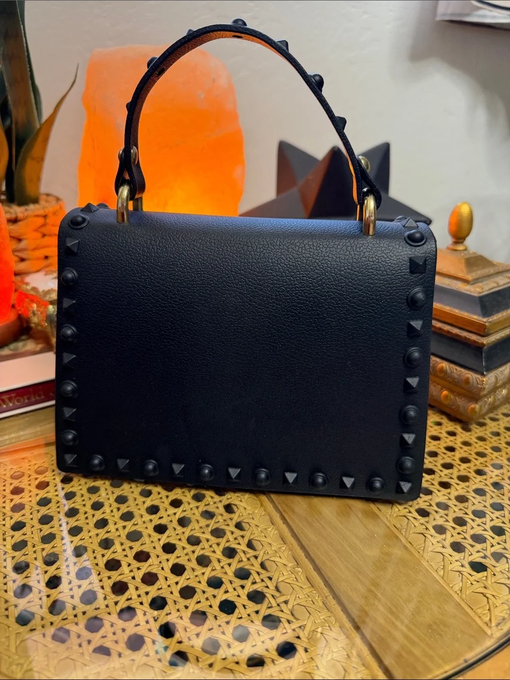 Black Studded Top Handle Satchel Purse Gold Turn Lock Rockstud Style